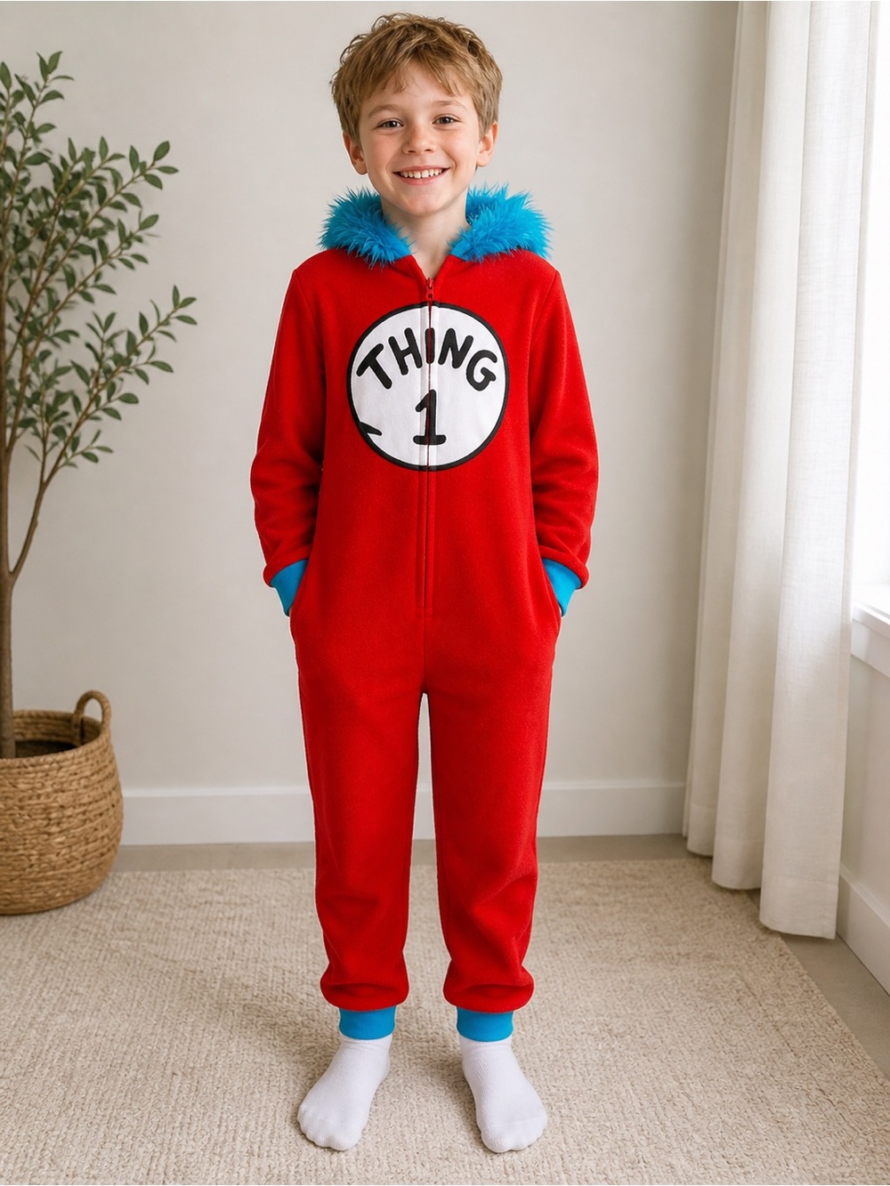 Dr. Seuss Thing 1 Kids Hooded Costume One Piece Plush Fleece Pajamas Red Blue